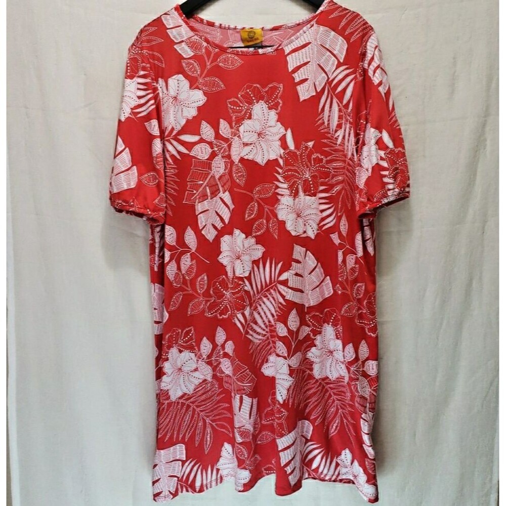Ruby Rd. Dress XL Red White Tropical Floral Hibiscus Palm Print Short Sleeve